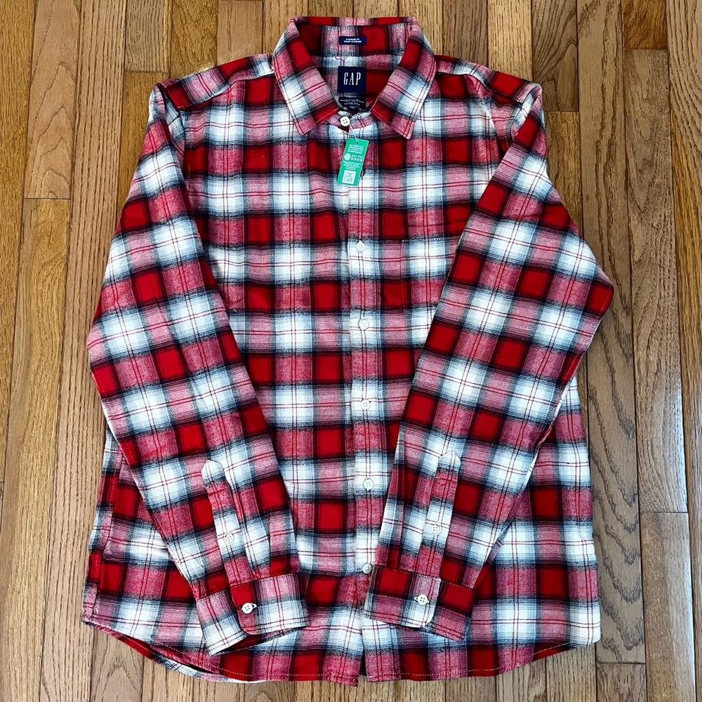 NWT Gap Organic Cotton Midweight Flannel Shirt in White Red Plaid